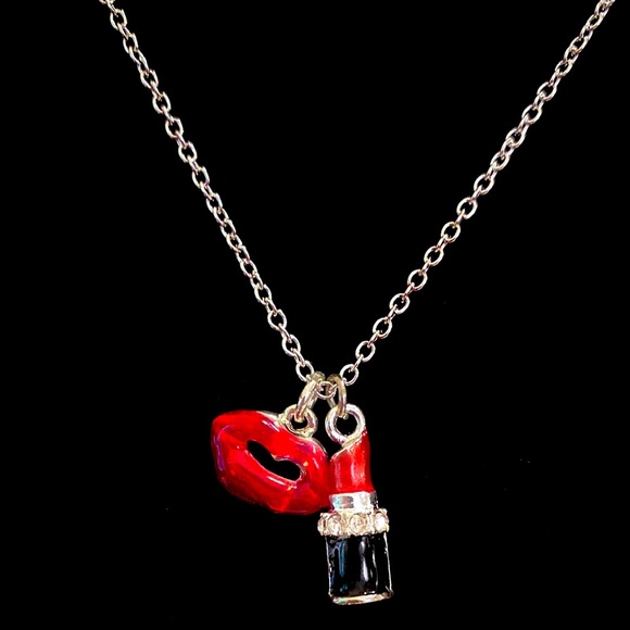 Lips And Lipstick Necklace Silver Tone Rhinestones Makeup Artist - Picture 2 of 7